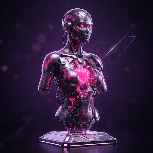 Cybernetic bust with glowing heart core — collectible artwork